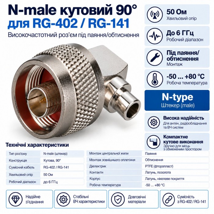 Кутовий роз’єм N-male для RG-402|RG-141, 50 Ом