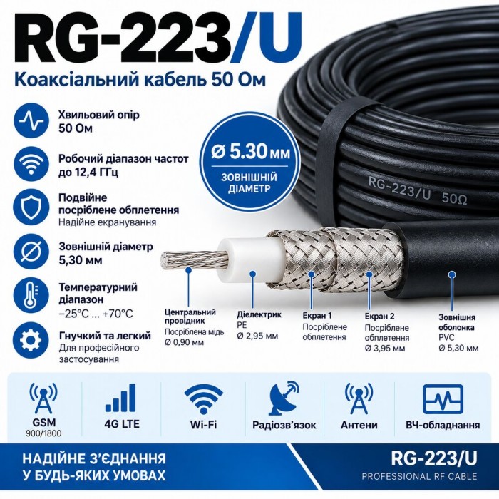 Коаксіальний кабель RG-223/U 50 Ом, подвійний екран Коаксіальний кабель RG-223/U 50 Ом, подвійний екран