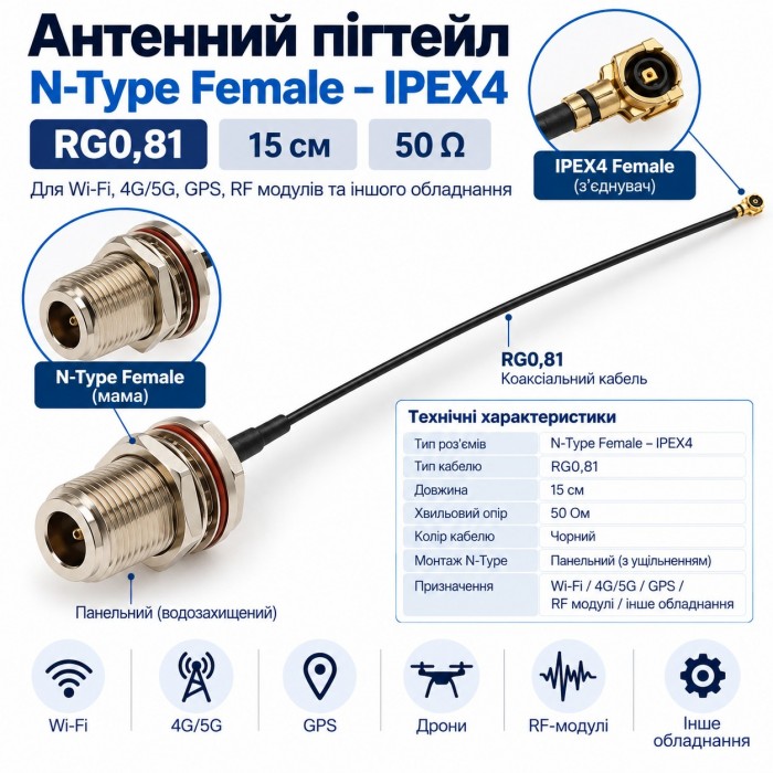 Антенний пігтейл N-Type Female – IPEX4 RG0,81 15 см