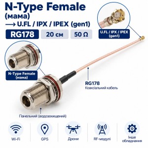 Антенний пігтейл N-Type Female – U.FL / IPX / IPEX, RG178, 20 см